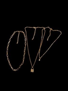 Gold Tone Layered Necklace Set Padlock Charm Paperclip Chain 3pc